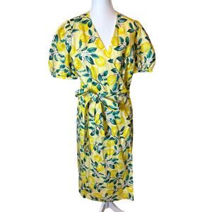 Draper James | 100% Linen Yellow Lemon Floral Wrap Midi Dress | 12